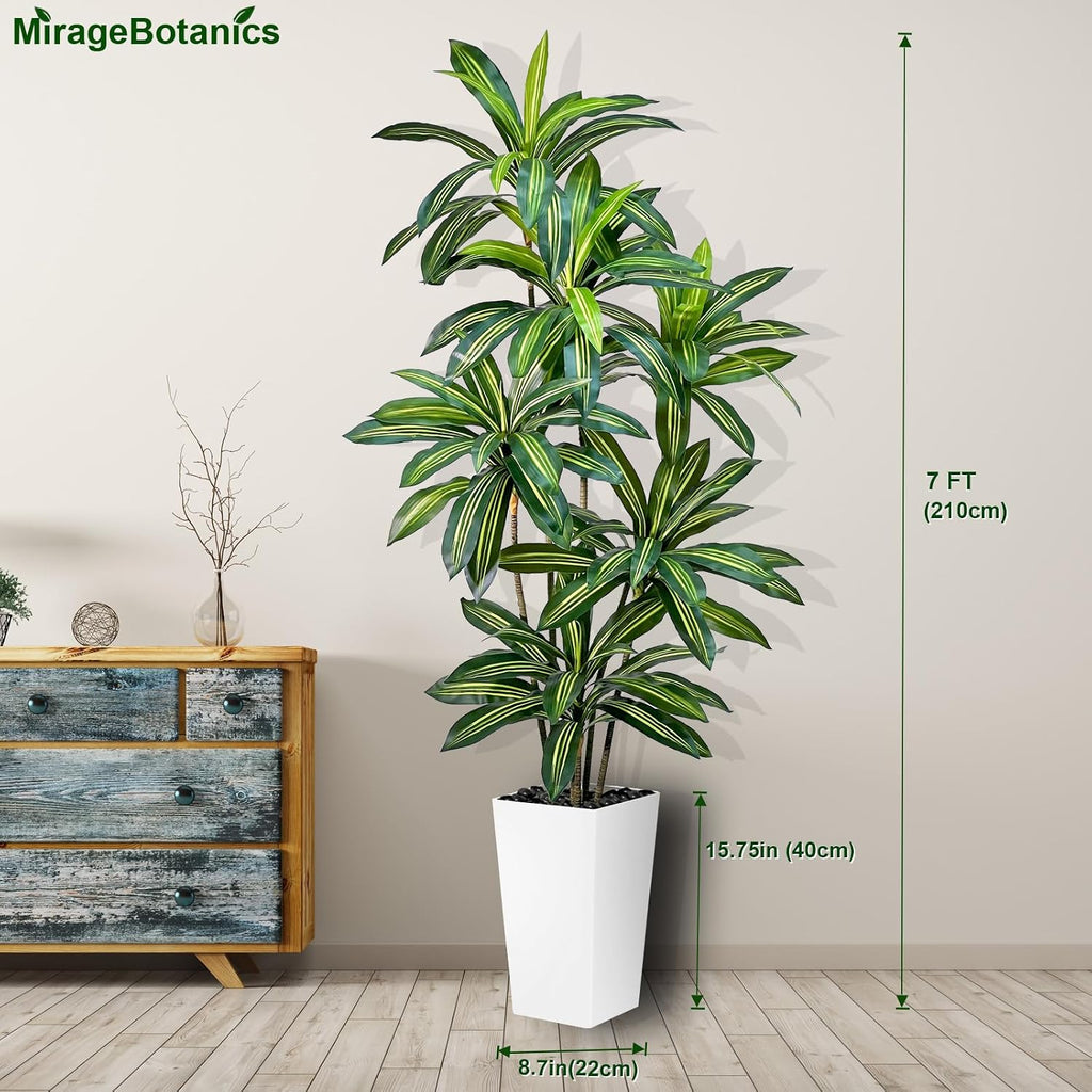Dracaena Tree 7FT Tall Fake Plant with WhitePlanter - Realistic Faux Dragon Tree with Tall Planter - Indoor Floor