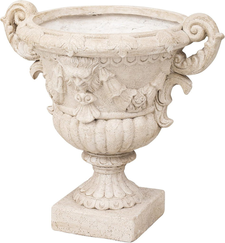 2-Piece 21.65" H Classical Mythological Relief Urn Planter, MGO Pedestal Flower Pot with Ornate Scroll Handles