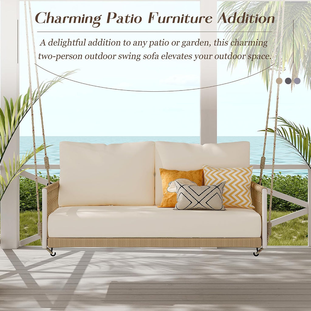 51.6" Porch Swing Bed with Cushions, 2-Person Patio Swing Bench, PE Wicker Outdoor Hanging Seat with Woven Rattan