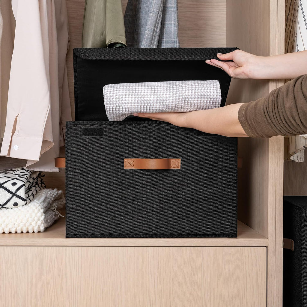 Black Storage Bins with Lids, Decorative Storage Boxes with PU Handles, Linen Closet Organizer, Storage Baskets for