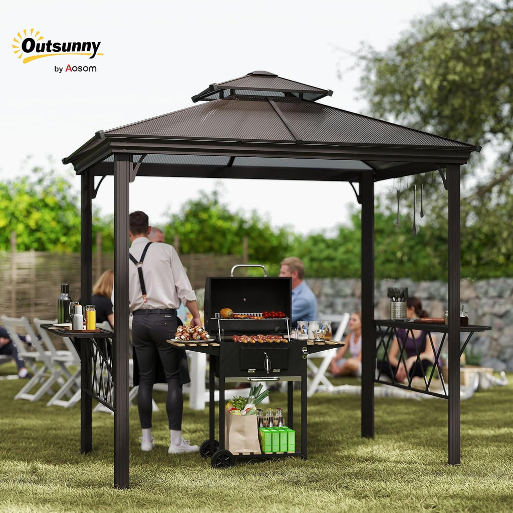9 x 5 ft. Grill Gazebo, Hardtop BBQ Gazebo Canopy with 2-Tier Polycarbonate Roof, Shelves, Serving Tables