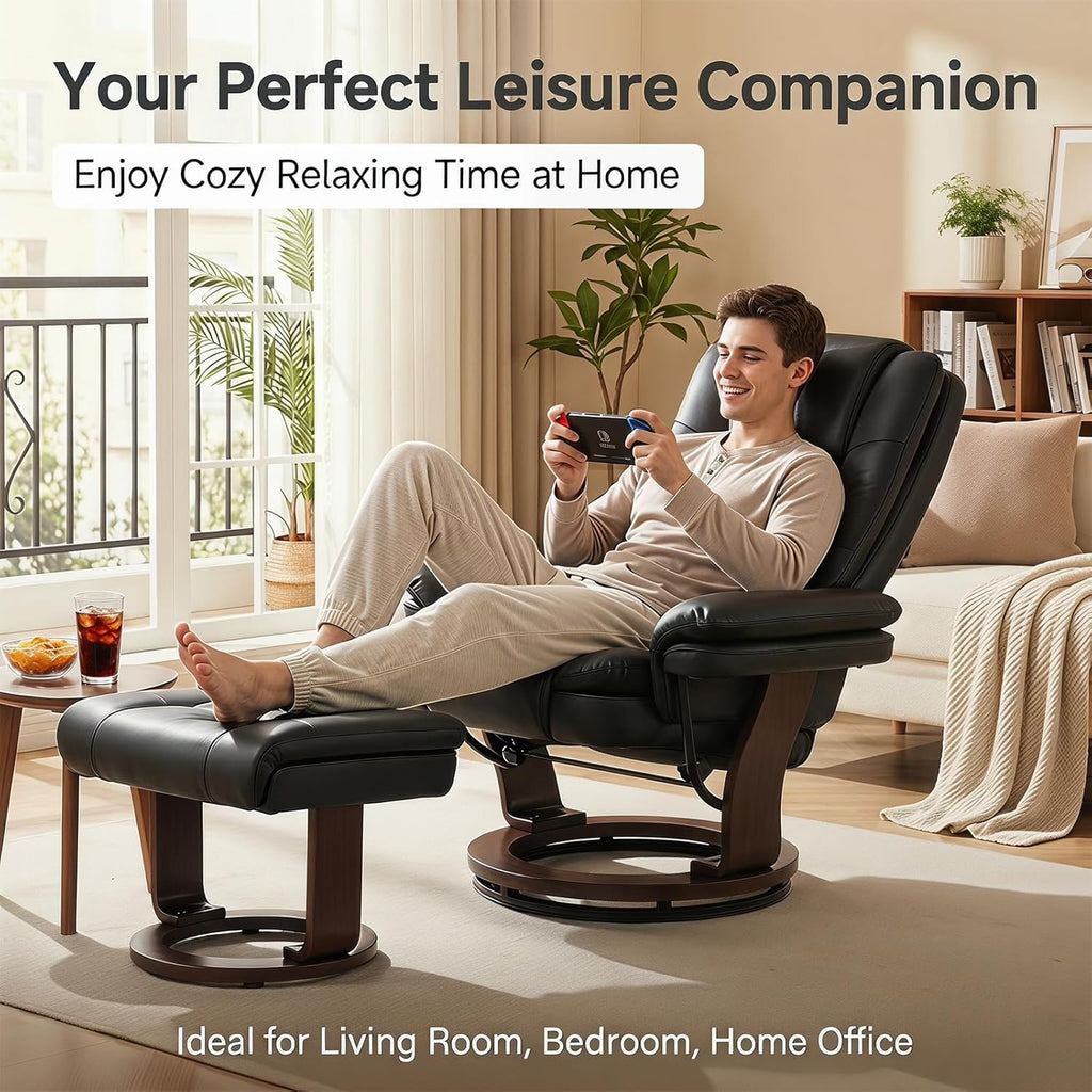 Modern Reclining Swivel Lounge Chair and Ottoman — Black PU Leather