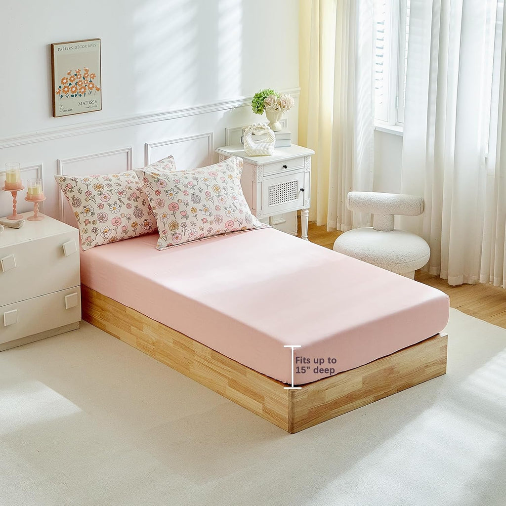 Floral Twin Comforter Set,5 Pieces Twin Bedding Set for Girls,Twin Bed in a Bag, All Season Kids Sheet Set with Comforter, Flat Sheet, Fitted Sheet, Pillowcase and Pillow Sham-Pink Floral