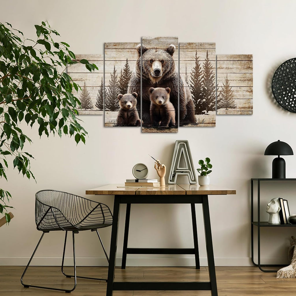 Large 5 Piece Vintage Grizzly Bear Canvas Wall Art Brown Bear Family Forest Painting Farmhouse Cabin Decor Gallery
