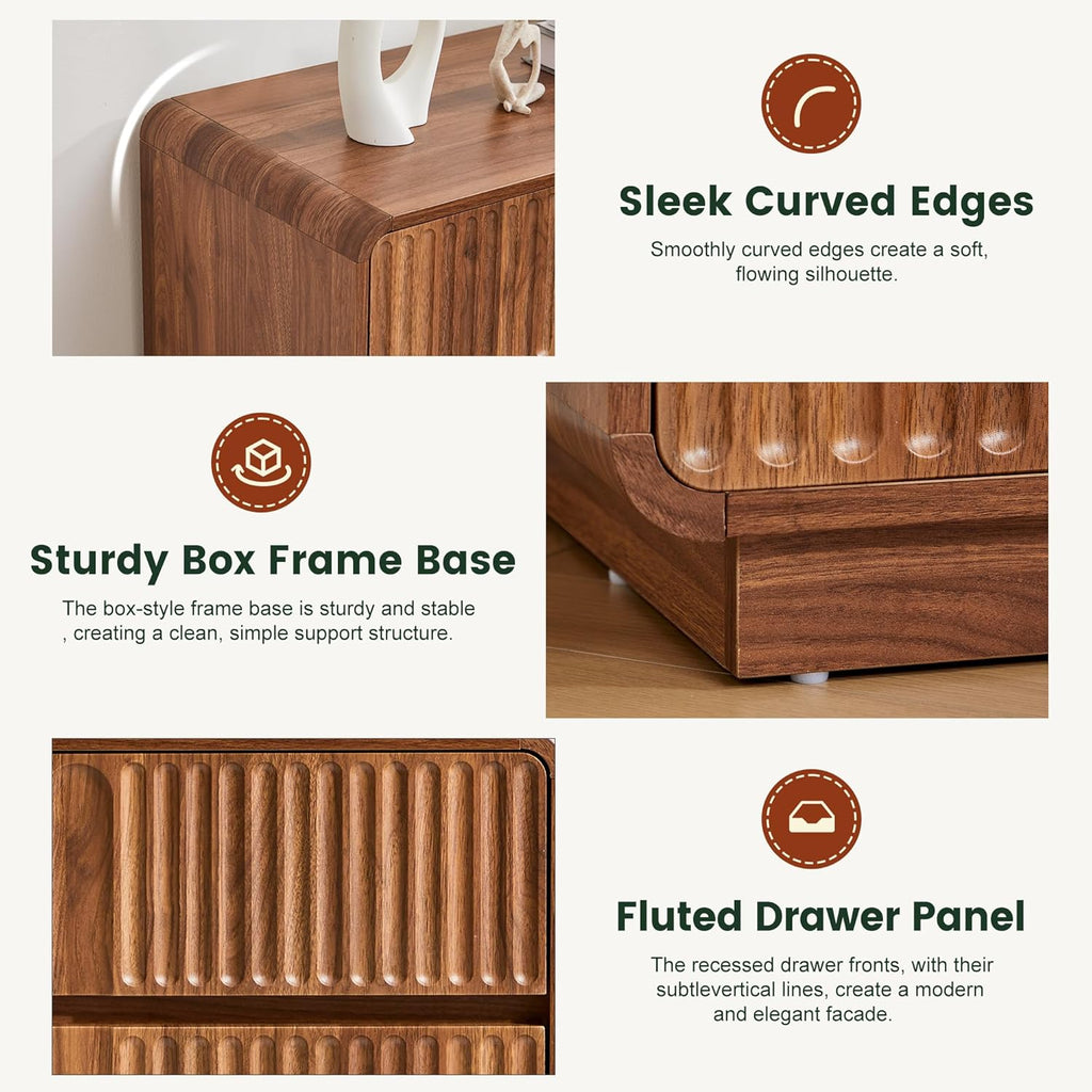 3 Drawer Dresser, 31.5" Wide, Walnut Brown | Mid Century Modern Wood, Chest of Drawers, Fluted Design, Living Room