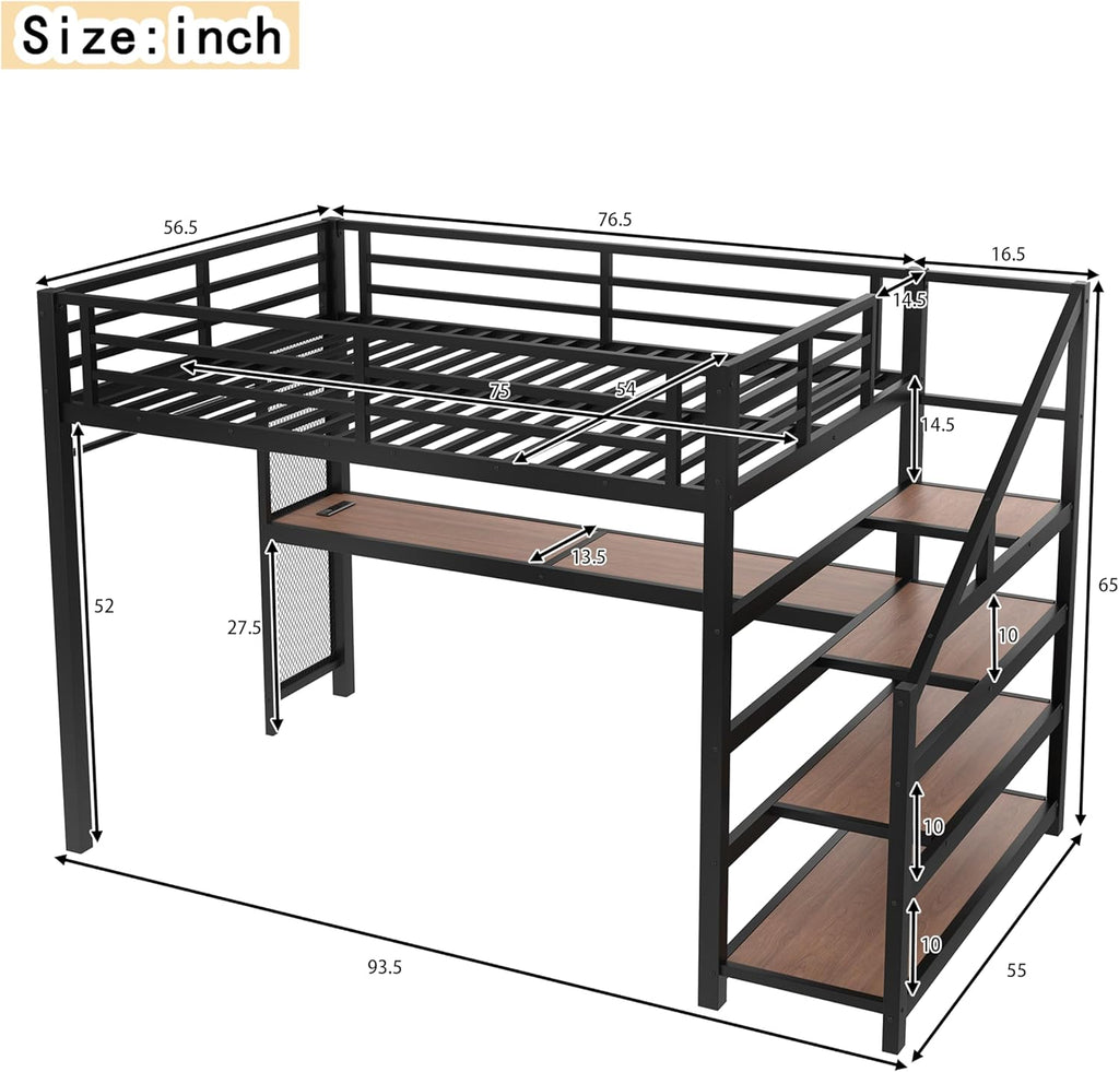 Full Loft Bed with Desk & Storage Stairs, Metal Full Loft Bed Frame with Iron Nets, LED Lights & USB Ports