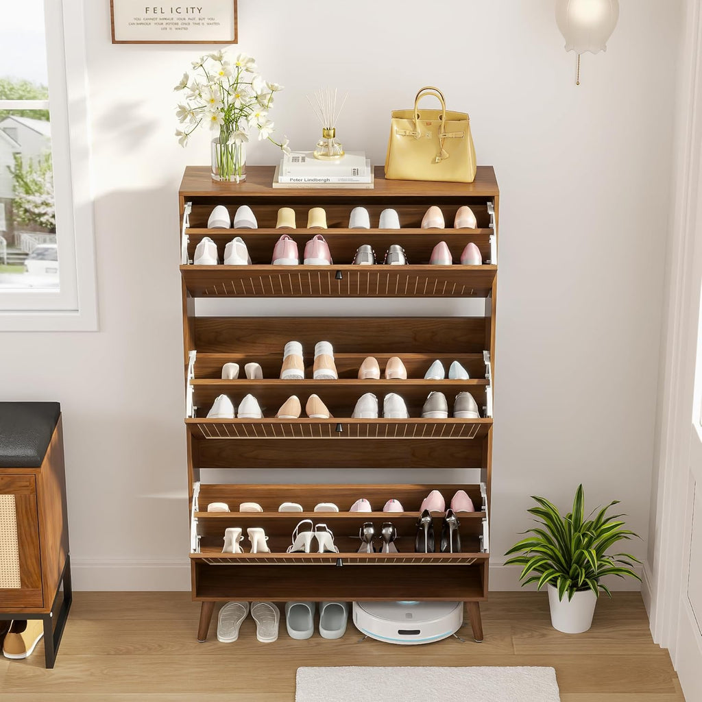 Shoe Storage Cabinet with 3 Flip Drawers, Narrow Shoe Organizer with Fluted Panel, Freestanding Wood Hidden Shoe
