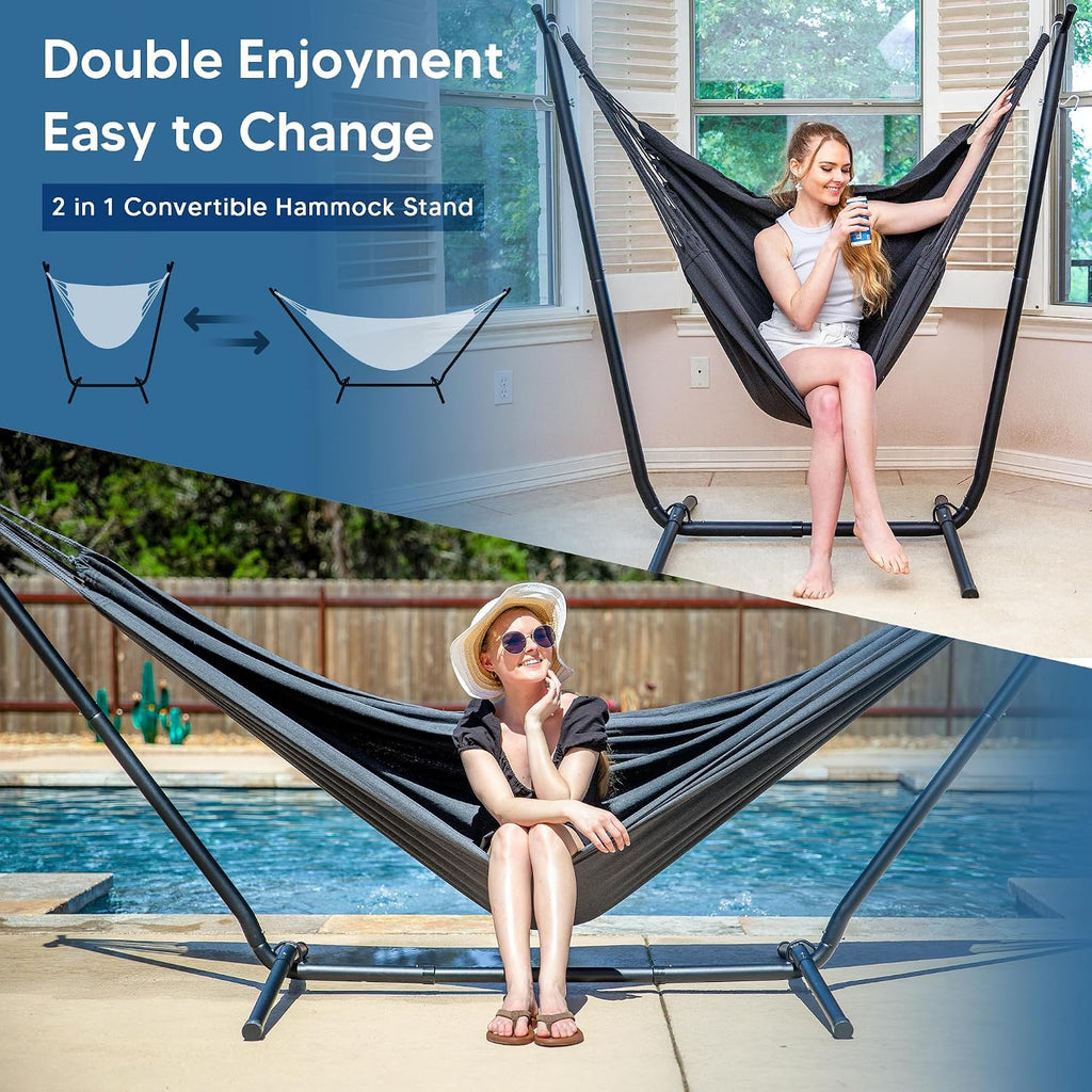 2-in-1 Hammocks Outdoor Hammock and Stand, Patented, Dark Grey | Convertible Portable Double Hammock with Stand