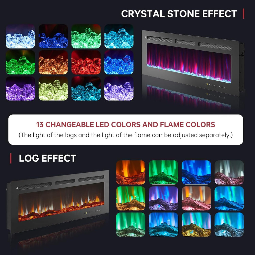 50” Smart Electric Fireplace Heater, Compatible with Alexa & Google Home, Wall Mount