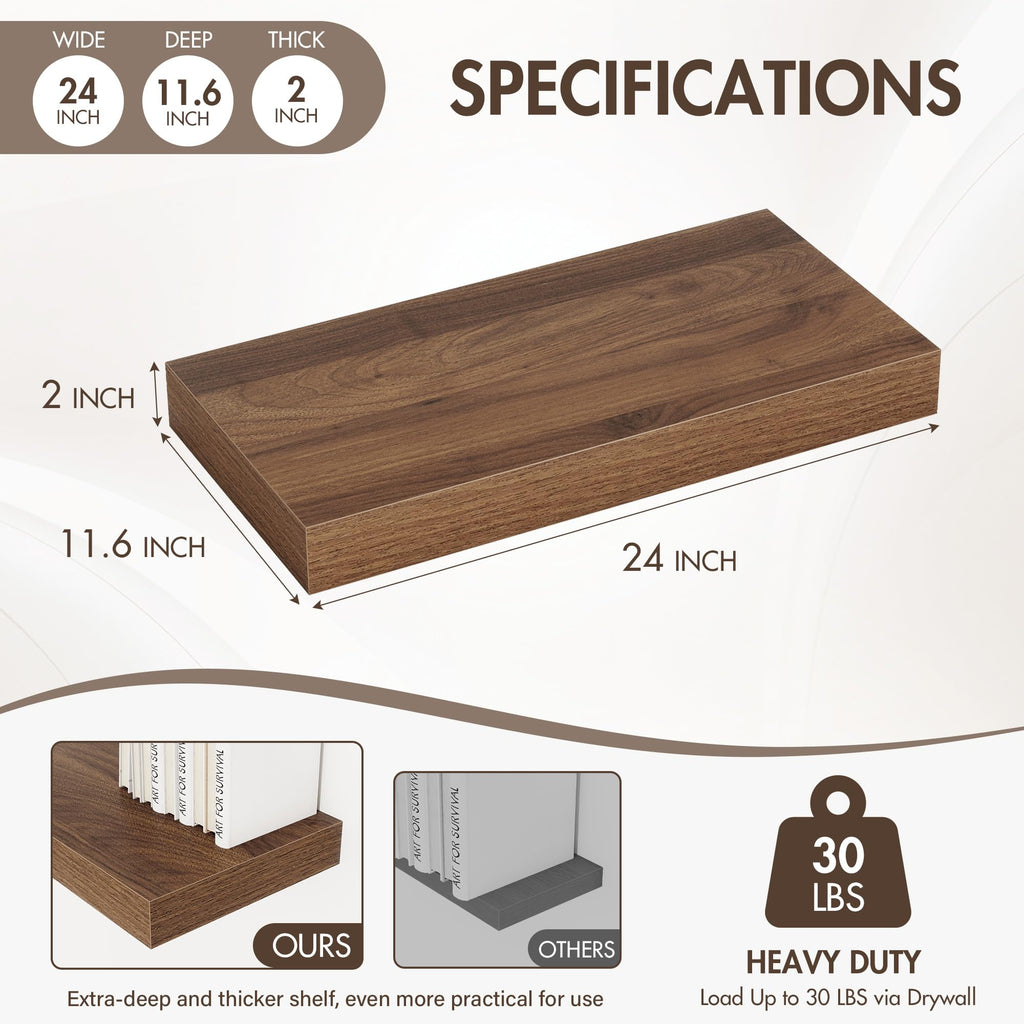 24 Inch Floating Shelves, 12" Deep Floating Shelf Wall Mounted, 24" Wall Shelves, Rustic Deep Bookshelf, Extra Deeper