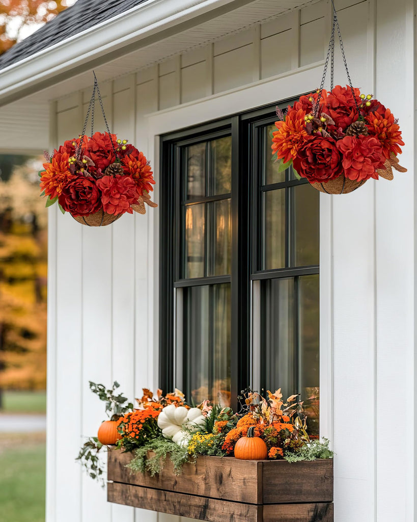 13" Fall Hanging Baskets Medium Peonies Dahlia Artificial Fall Hanging Decor Fake Flower Red Orange Faux Plants