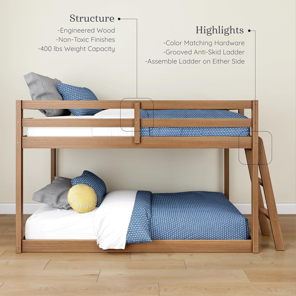 Bear Twin Over Twin Bunk Bed, Low Bunk Bed Frame for Kids, Bunk with Ladder, Guardrail, and Slats