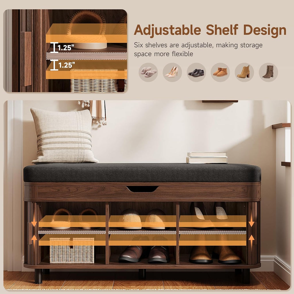 43.3" Shoe Storage Bench with Lift Top Storage, Entryway Bench with Storage&Cushion, Fluted Shoe Bench with Sliding
