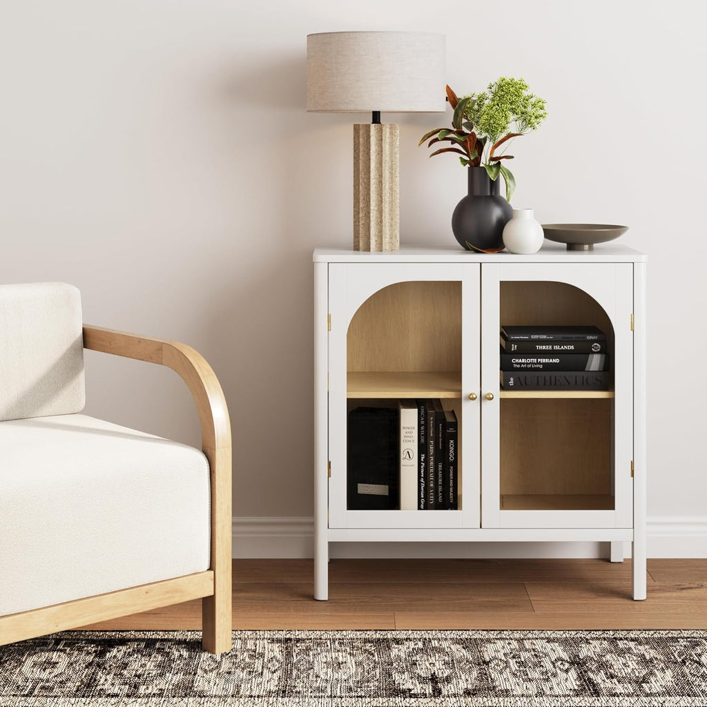 Mason Storage Accent Cabinet Sideboard Buffet, Credenza with Glass Doors and Adjustable Shelf for Dining Room