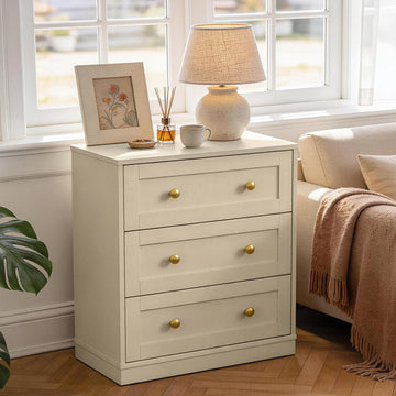Small 3 Drawer, Beige, Wood Nightstand with Drawers, Modern Chest of Drawers for Closet, Living Room, Entryway