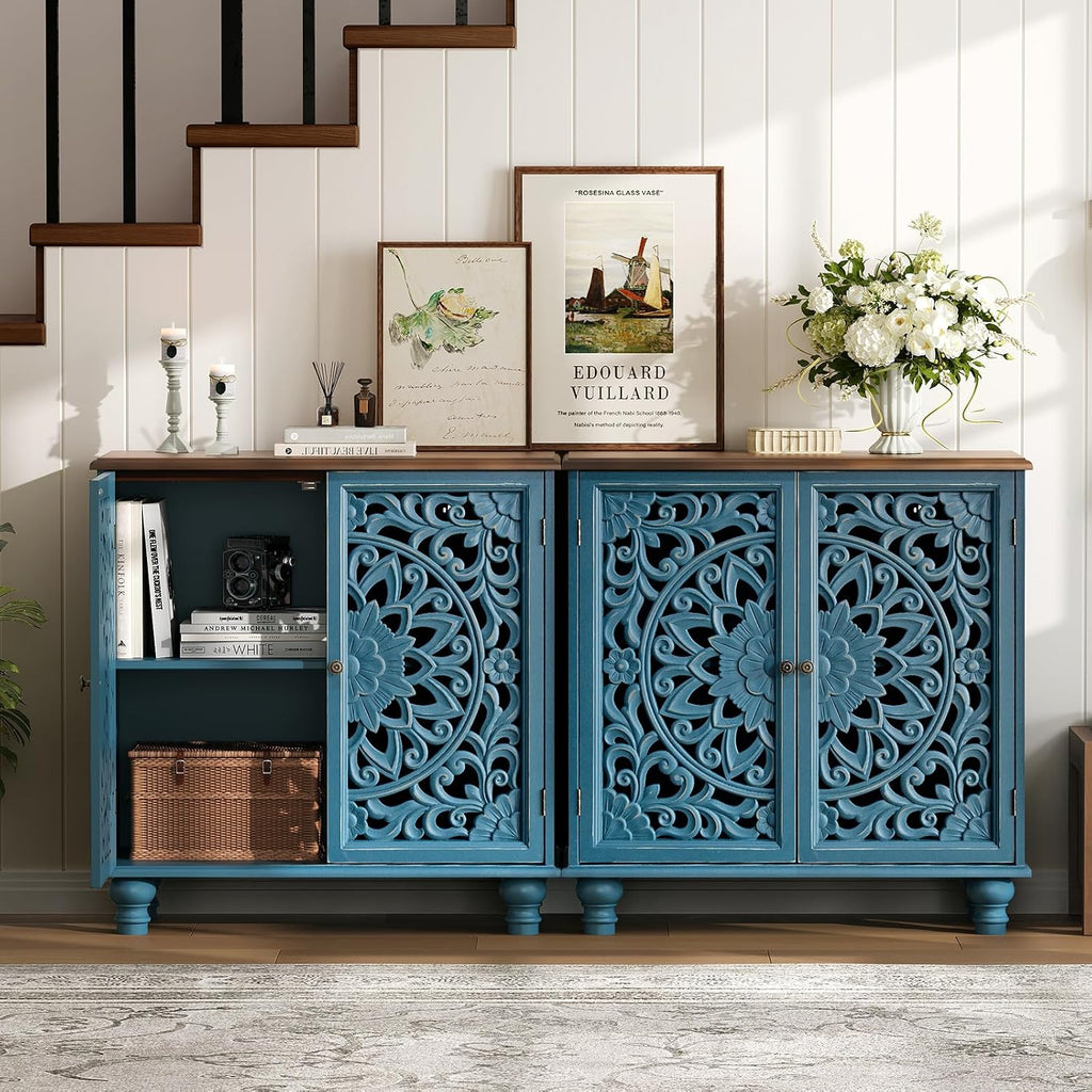 31" Accent Storage Cabinet with Mandala Carved Doors,Blue & Walnut | Carved Floral Design, Solid Wood Legs, Farmhouse