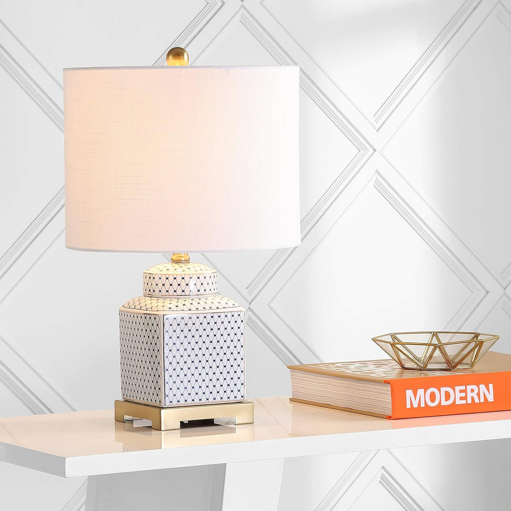 21.5" White and Navy Blue Ceramic Ginger Jar LED Table Lamp