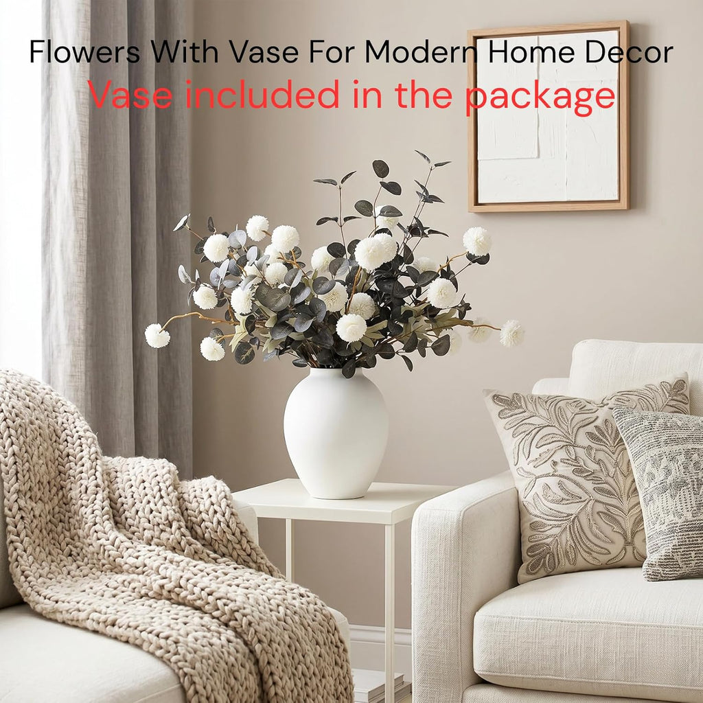 White Artificial Flowers & Greenery With Vase, Faux Floral Arrangement Centerpiece for Dining Table, Realistic Silk