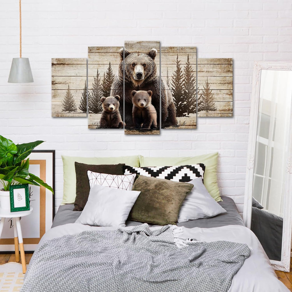 Large 5 Piece Vintage Grizzly Bear Canvas Wall Art Brown Bear Family Forest Painting Farmhouse Cabin Decor Gallery