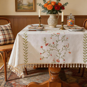 Summer Pink Floral Table Cloth Rectangle Table, Embroidery Heavy Duty Cotton Linen Tablecloth, Farmhouse Rustic