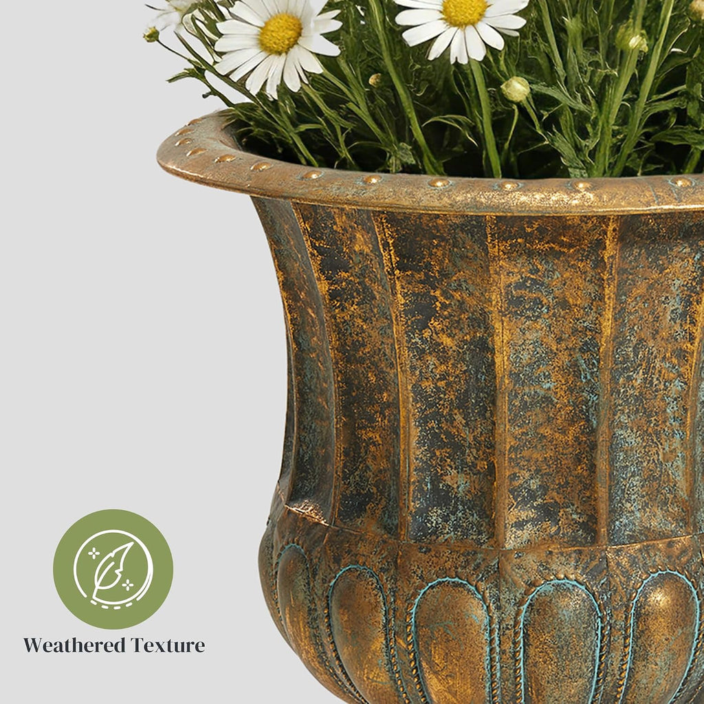 24.5" H. Metal Urn Planters 1-Pack - Bronze Classic Antique Iron Plant Pots - Large Decorative Rustic Flower Pots for
