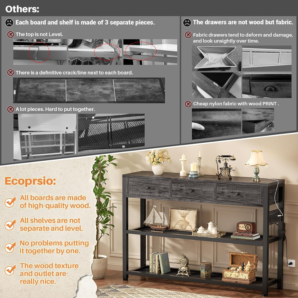 47'' Entryway Table with Outlets and USB Ports, Console Table with 3 Drawers, Sofa Table Narrow Long with Storage
