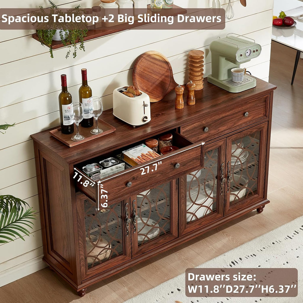 Farmhouse Sideboard Buffet Cabinet with Storage,59" Large Credenza with 4 Glass Doors & 2 Drawers,Adjustable Shelves