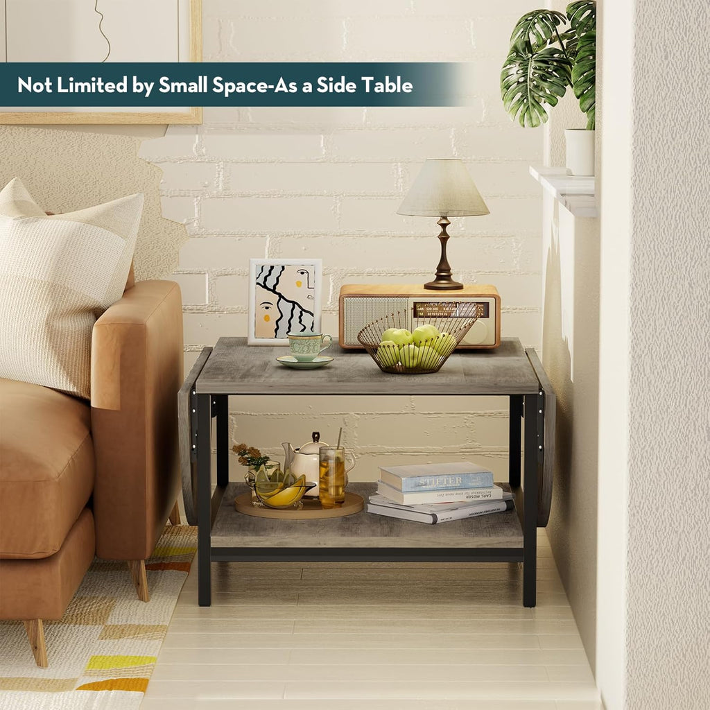 Folding Coffee Tables 2-Tier Extended Coffee Table with Storage Vintage Farmhouse Center Table for Large or Small