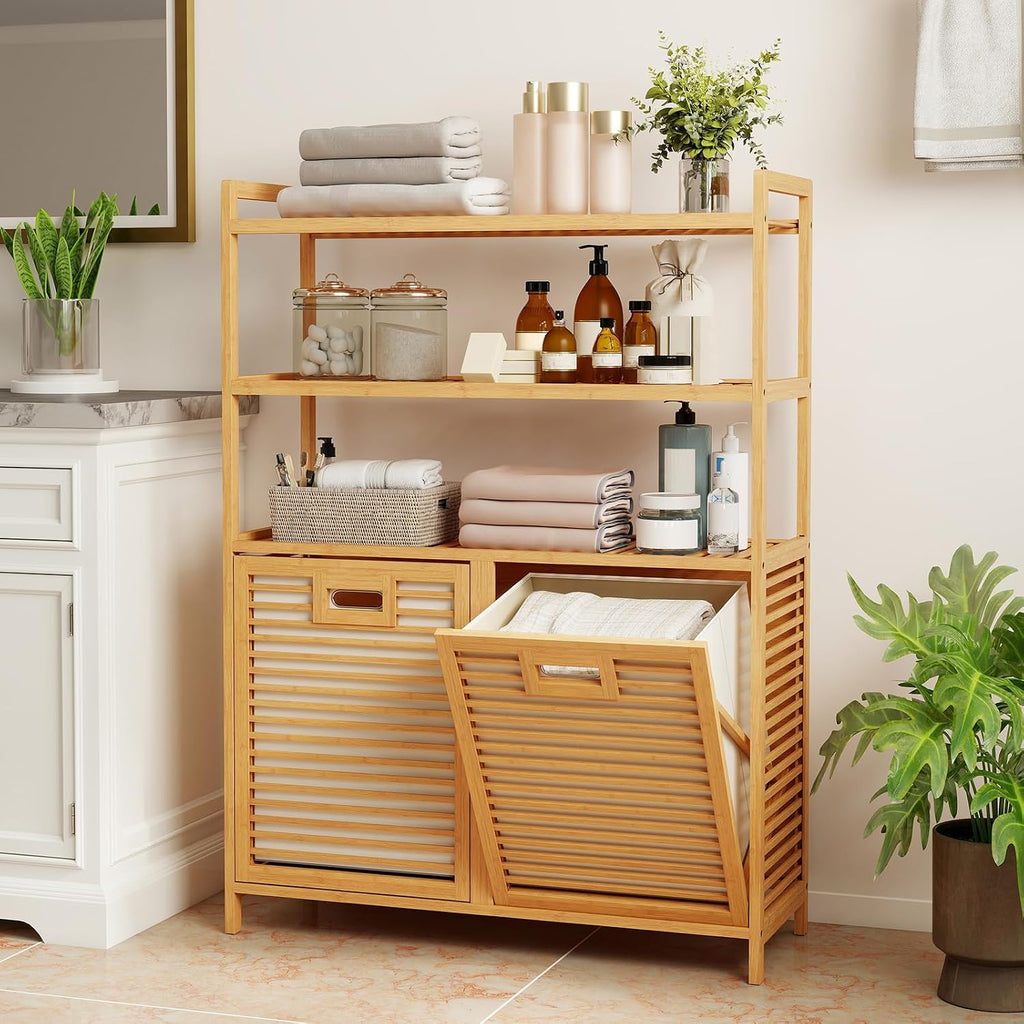 Double Tilt Out Laundry Hamper with 3-Tier Storage Shelf | 14 Gal Bamboo Laundry Storage Cabinet w/Removable Laundry