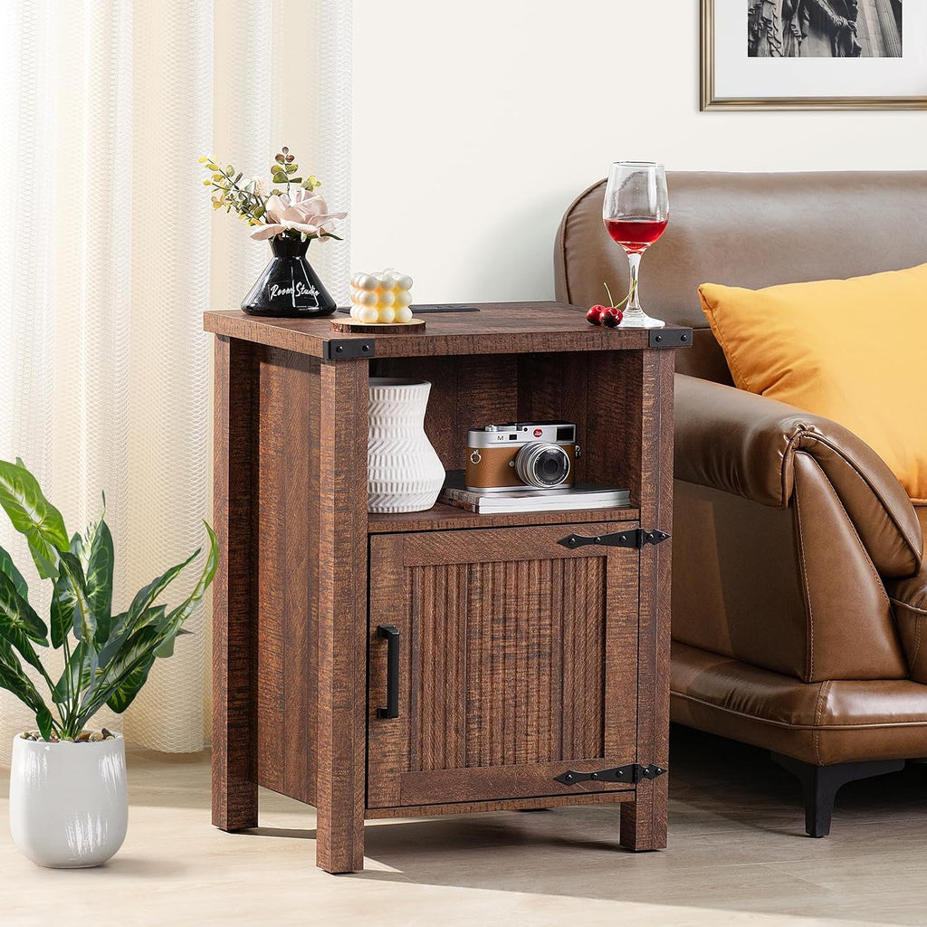 Night Stand with Charging Station and USB Port, 18 Inch Farmhouse Nightstand with Storage Shelf, Rustic Wood Bedside