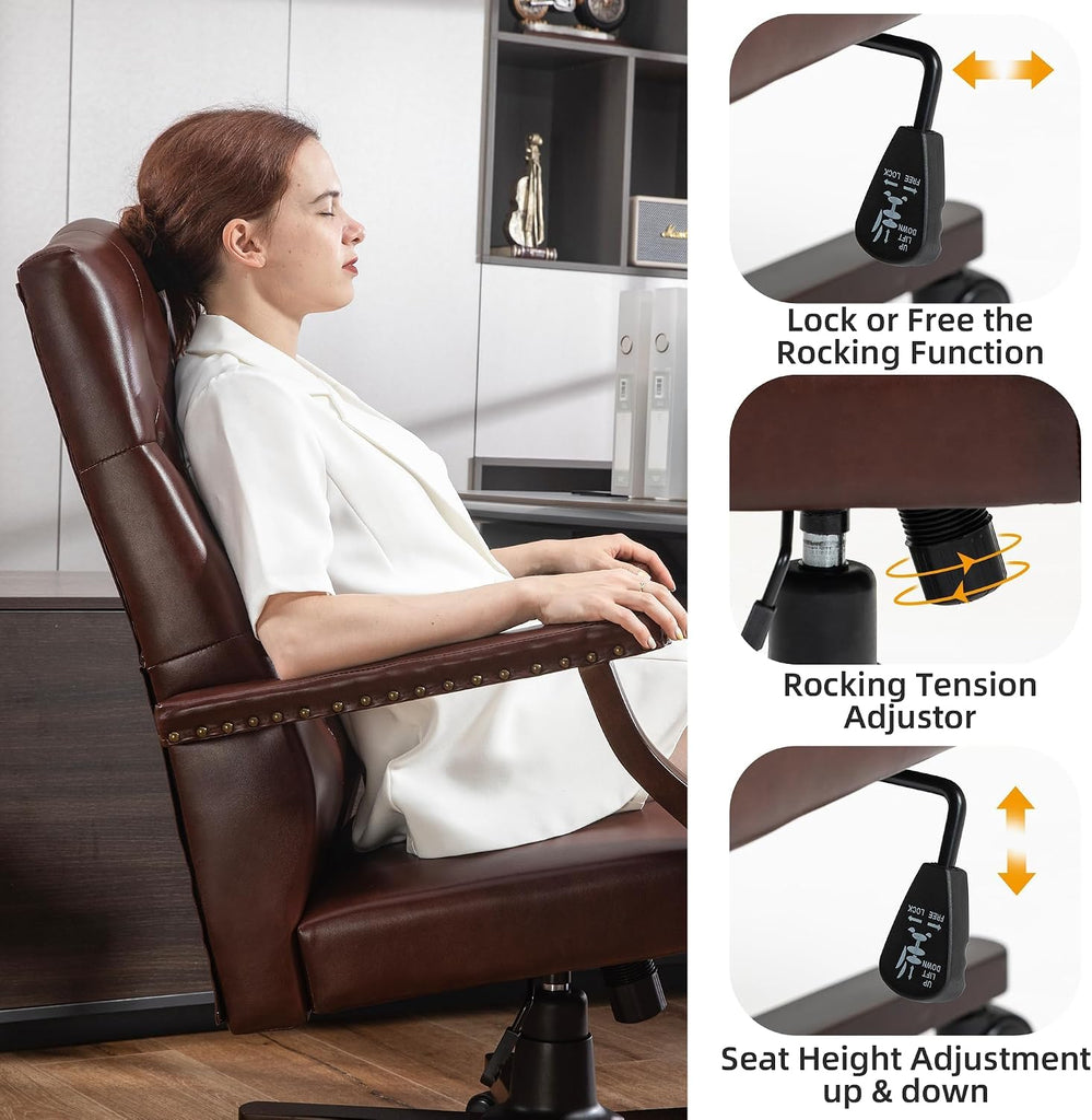 Executive Office Chair, High Back Computer Chair with Upholstered Backrest Vinage Farmhouse Retro Style, Faux Leather