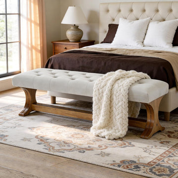 55" Upholstered End of Bed Bench, Solid Wood Tufted Entryway Bench, Farmhouse Ottoman with Cushion , Foot of Bed