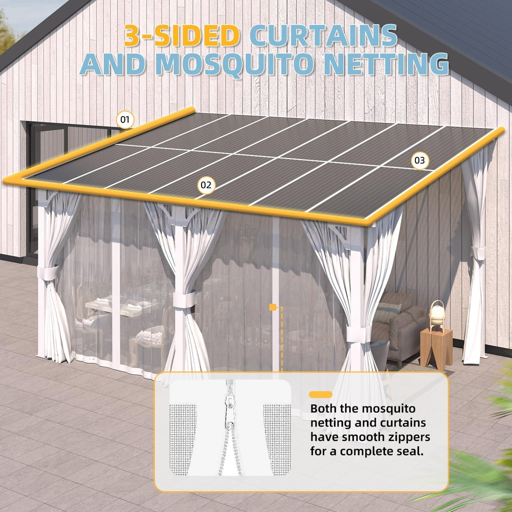 14'x10' Outdoor Lean to Gazebo with Curtains and Mosquito Netting for Patio