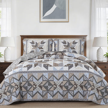 Patchwork Quilts, Reversible Grey Floral Quilt Bedding Set