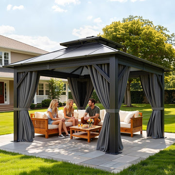 10x10FT Gazebo Polycarbonate Hardtop Double Roof Canopy Outdoor with Netting and Shaded Curtains