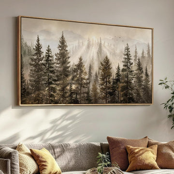 Extra Large Framed Forest Landscape Wall Art, Misty Pine Tree Mountain Nature Woodland Sunset Artwork for Walls