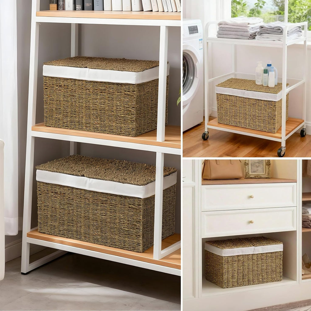 Handwoven Wicker Storage Basket with 2 Lids & Liners, Large Shelf Basket for Clothes, Toys, Blankets, Foldable
