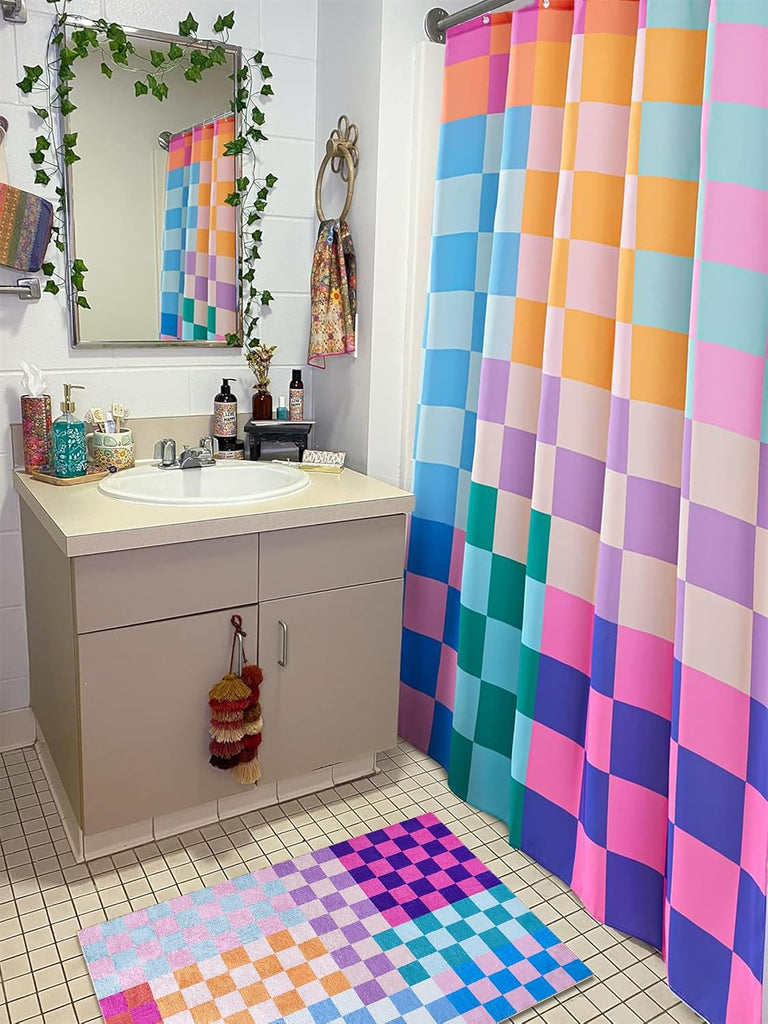 Multicolored Checkered Retro Fabric Shower Curtain Extra Long 72 Inches Length, Bright Rainbow Colorful Modern Simple