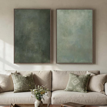 Large Framed Green Abstract Wall Art, 2 Piece Modern Canvas Art Prints Paintings, Minimalist Sage Green Abstract