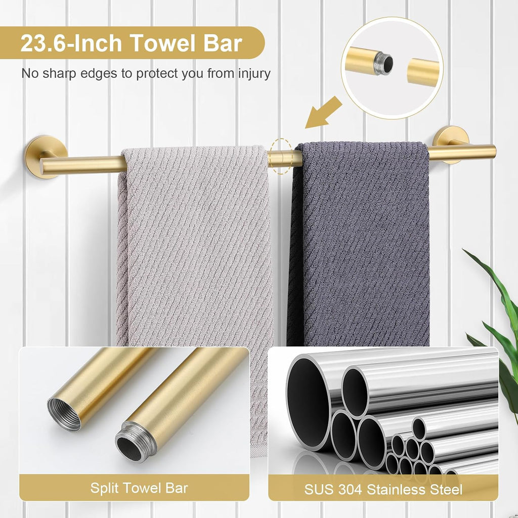 5 Piece Bathroom Accessories Set Brushed Gold Bathroom Hardware Set 23.6 Inch Bath Towel Bar Set SUS304 Stainless