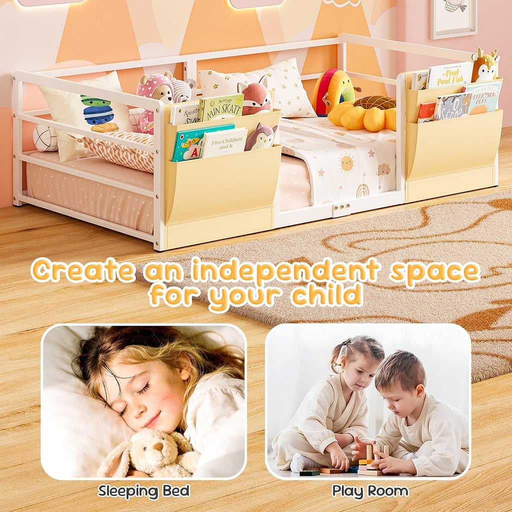 Floor Bed for Kids, White | Safety Guardrails, Montessori Bed Frame, Bedside Caddy, Suitable