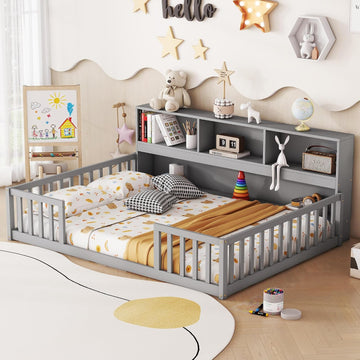 Kids Montessori Floor Bed,Full Size Floor Bed with Bookcase and Shelves,Full Bed Frame with Guardrails for