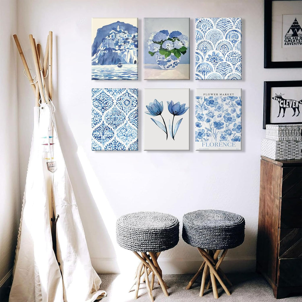 6Pcs Blue coastal Canvas Wall Art Flowers Aesthetic Wall Decor Hydrangeas Pictures painting Trendy Minimalist Prints