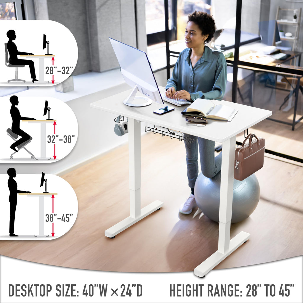 40-Inch Electric Height Adjustable Standing Desk w/Drawer, White