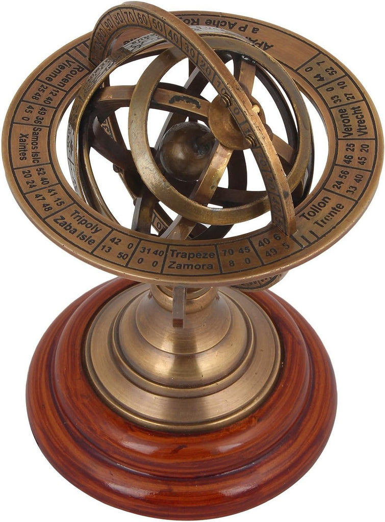 Antique 5" Armillary Astrolabe Sphere Showpiece Made from Brass and Wooden Base Rustic Vintage Home Decor Gifts