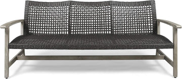 Marcia Outdoor Wood and Wicker Sofa, Light Gray Finish with Mix Black Wicker,Mixed Black, Light Gray Wash