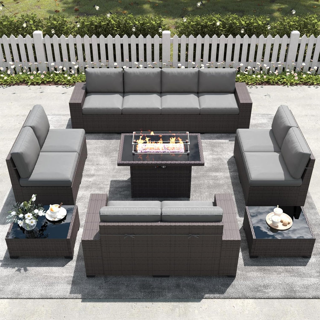 13 Pieces Outdoor Patio Furniture Set with 44" Fire Pit Table Brown Rattan Sectional Sofa Conversation Sets
