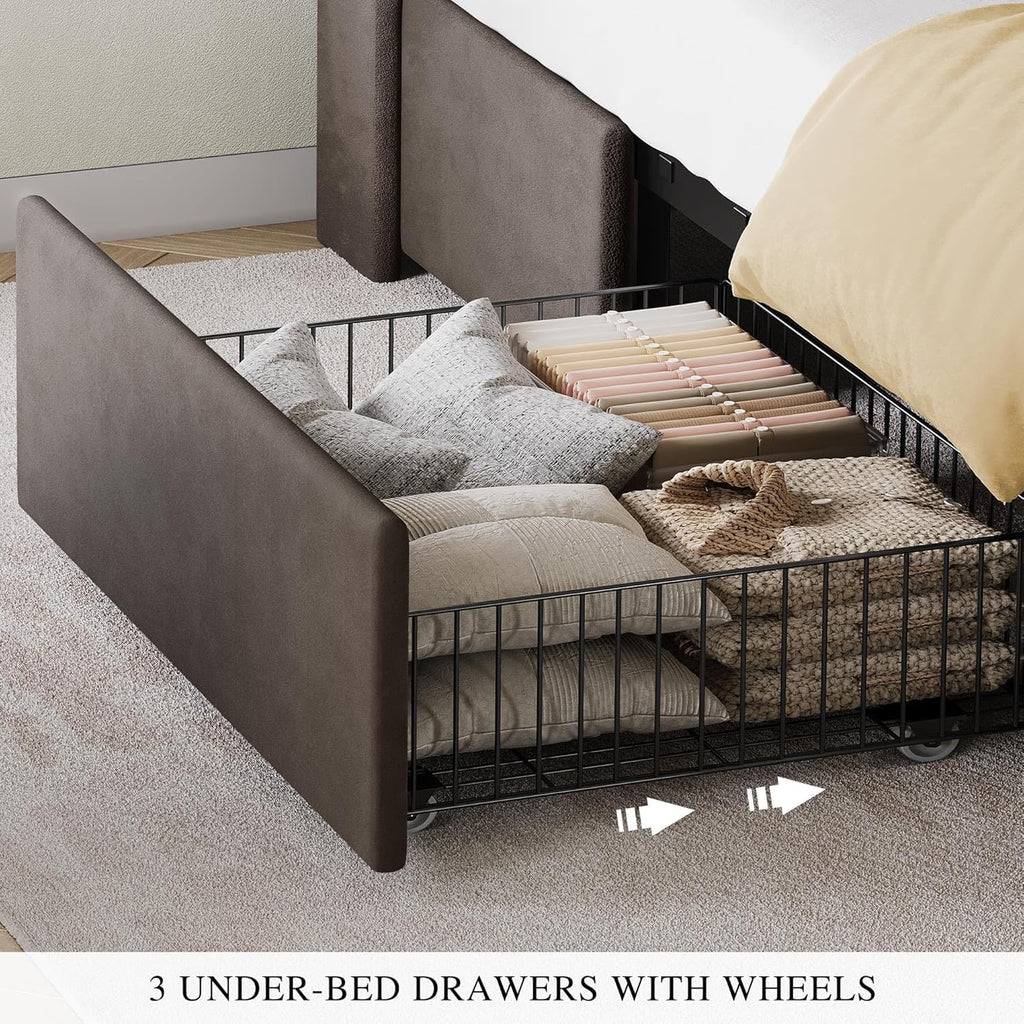 Queen Bed Frame with 3 Storage Drawers and RGB LED Lights