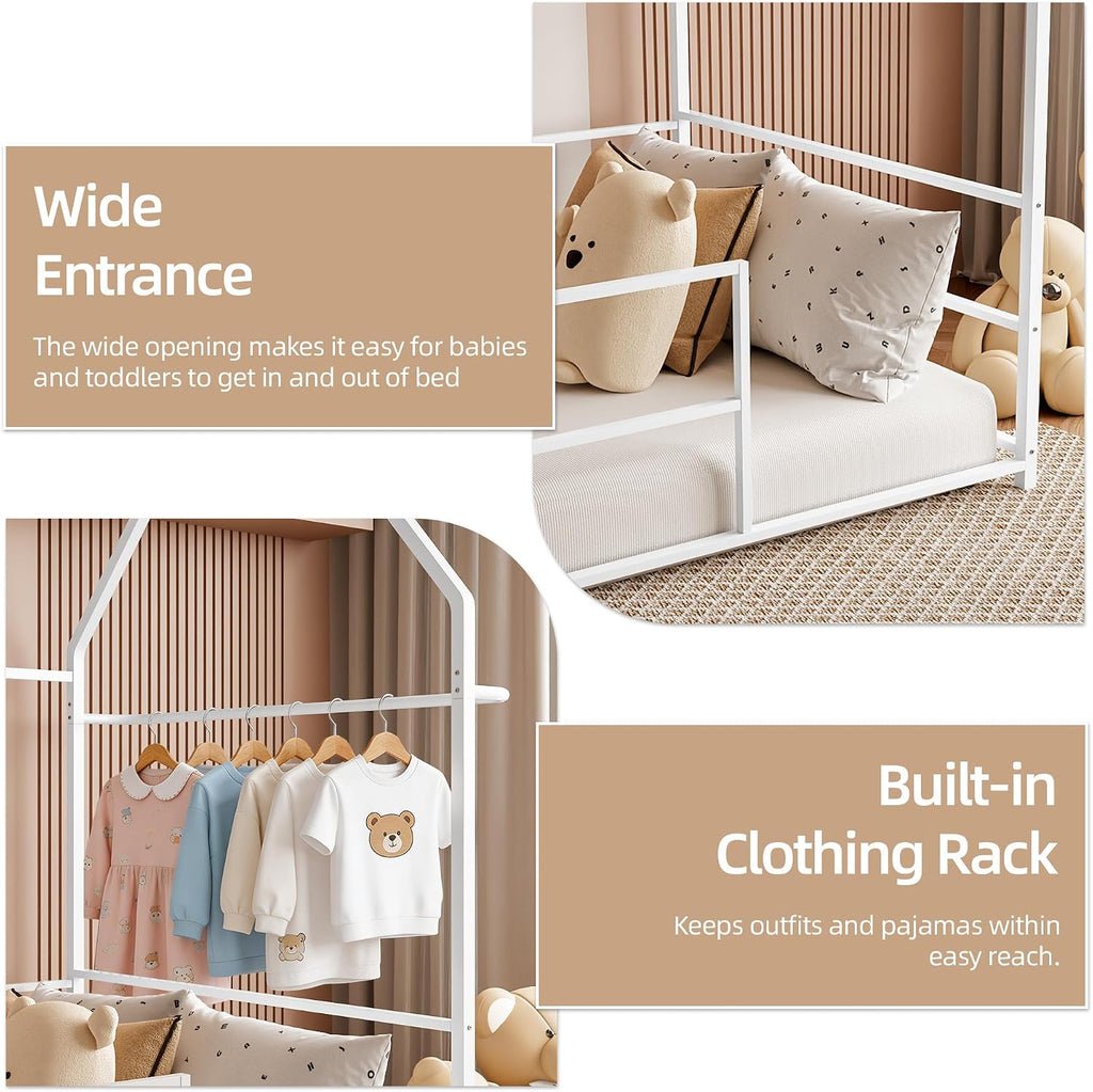 Twin Floor Bed Frame for Kids, Metal Low House Bed Montessori Bed with Guardrails & Built-in Clothing Rack, No Box