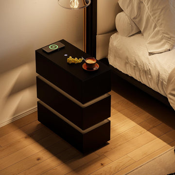 Narrow Smart Nightstand with Wireless Charging, USB & Type-C Ports, Modern LED Bedside Table with 3 Drawers, Black